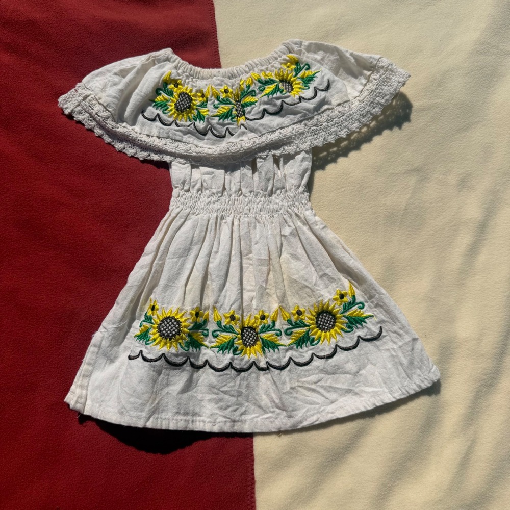 Girl Mexican Sunflower Embroidered Dress White Boho Peasant Off Shoulder Toddler